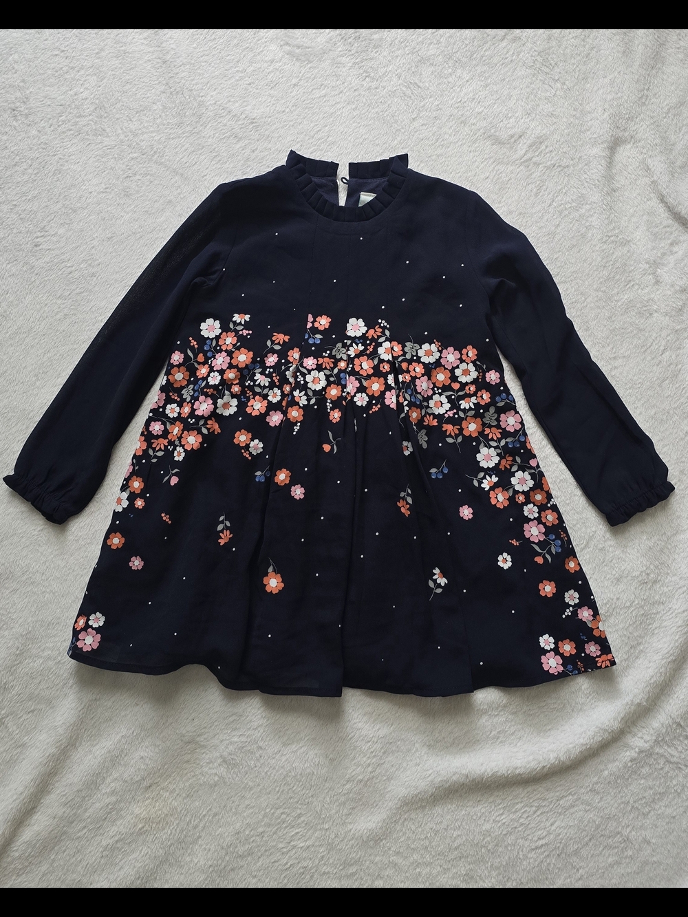 Girls Navy Floral Ruffle-Neck Long Sleeve Dress